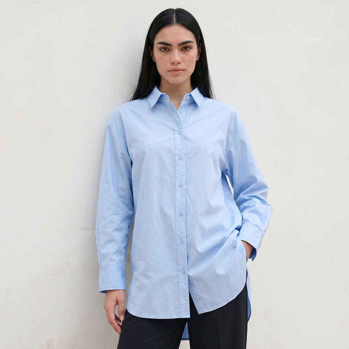 Splash Basic Oversized Shirt with High Low Hem-women-clothing-shirtsandblouses-shirts-image-1