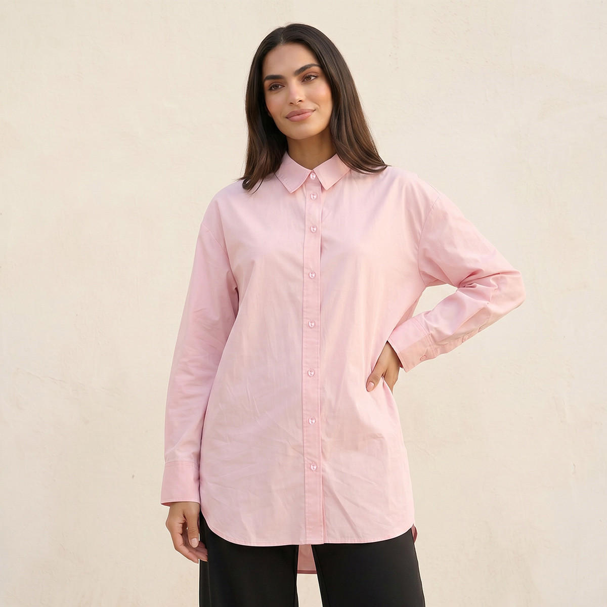Splash Basic Oversized Shirt with High Low Hem-women-clothing-shirtsandblouses-shirts-image-1