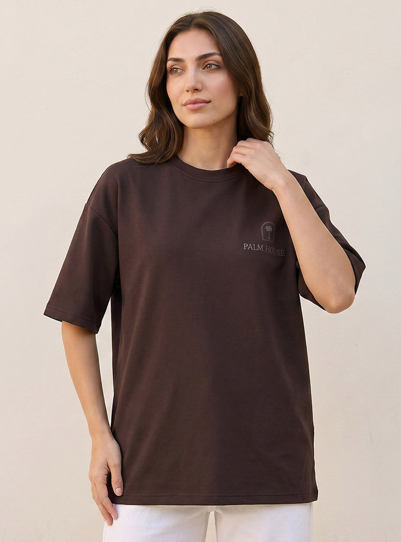 تيشيرت بوكسي بطبعات شعار من سبلاش بيسك-women-clothing-tshirts-image-5