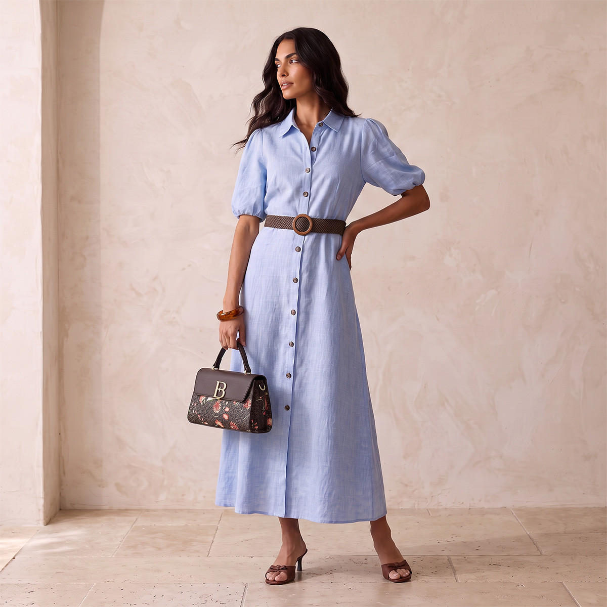 Splash Basic Linen Shirt Dress with Belt-women-clothing-dresses-image-1