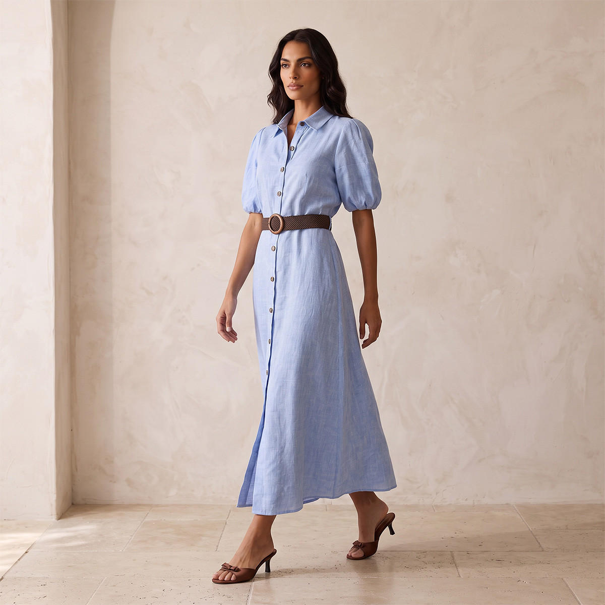 Splash Basic Linen Shirt Dress with Belt-women-clothing-dresses-image-3