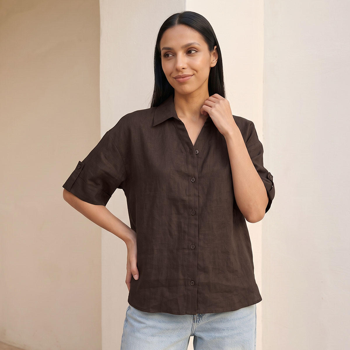 Splash Basic Collared Linen Shirt with Tab Sleeves-women-clothing-shirtsandblouses-shirts-image-1