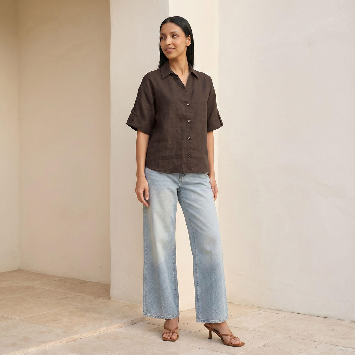 Splash Basic Collared Linen Shirt with Tab Sleeves-women-clothing-shirtsandblouses-shirts-image-3