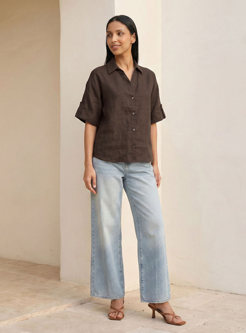 Splash Basic Collared Linen Shirt with Tab Sleeves-women-clothing-shirtsandblouses-shirts-image-3