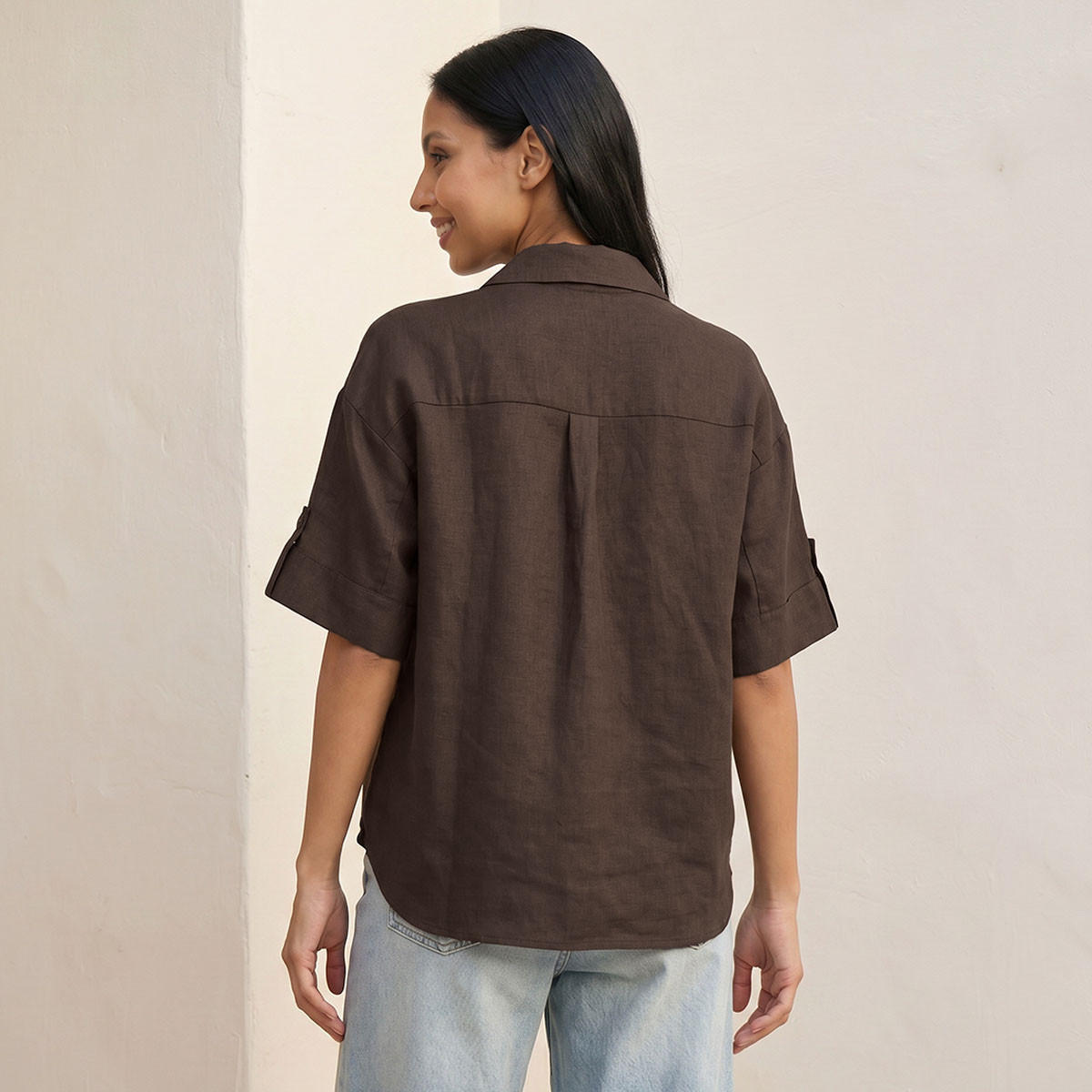 Splash Basic Collared Linen Shirt with Tab Sleeves-women-clothing-shirtsandblouses-shirts-image-4