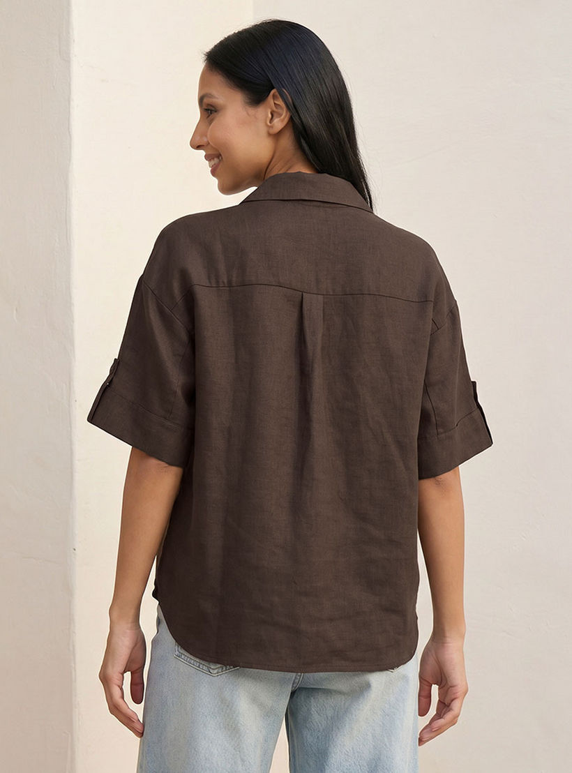 Splash Basic Collared Linen Shirt with Tab Sleeves-women-clothing-shirtsandblouses-shirts-image-4
