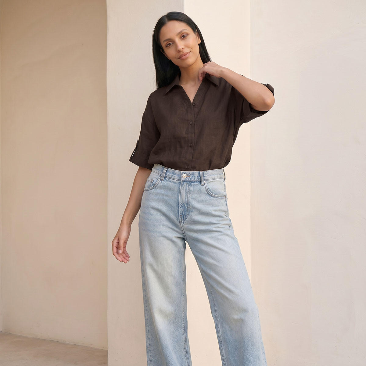 Splash Basic Collared Linen Shirt with Tab Sleeves-women-clothing-shirtsandblouses-shirts-image-5