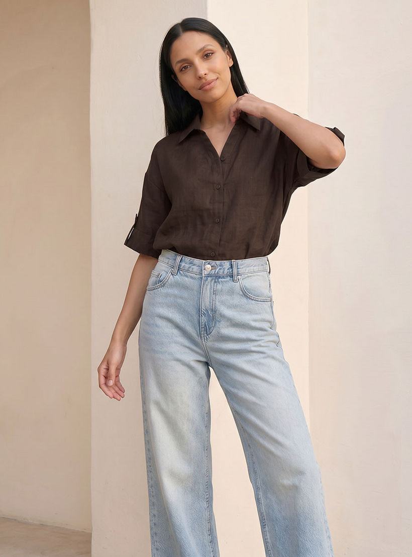 Splash Basic Collared Linen Shirt with Tab Sleeves-women-clothing-shirtsandblouses-shirts-image-5