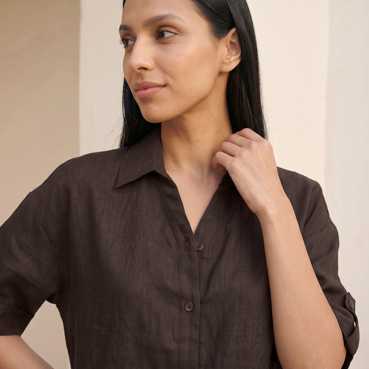 Splash Basic Collared Linen Shirt with Tab Sleeves-women-clothing-shirtsandblouses-shirts-image-6