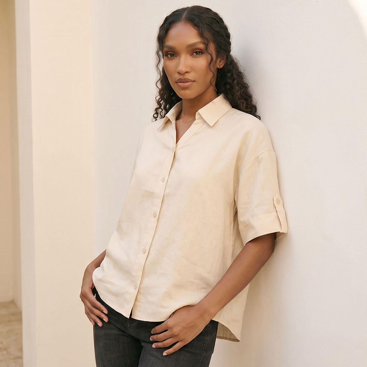 Splash Basic Collared Linen Shirt with Tab Sleeves-women-clothing-shirtsandblouses-shirts-image-1