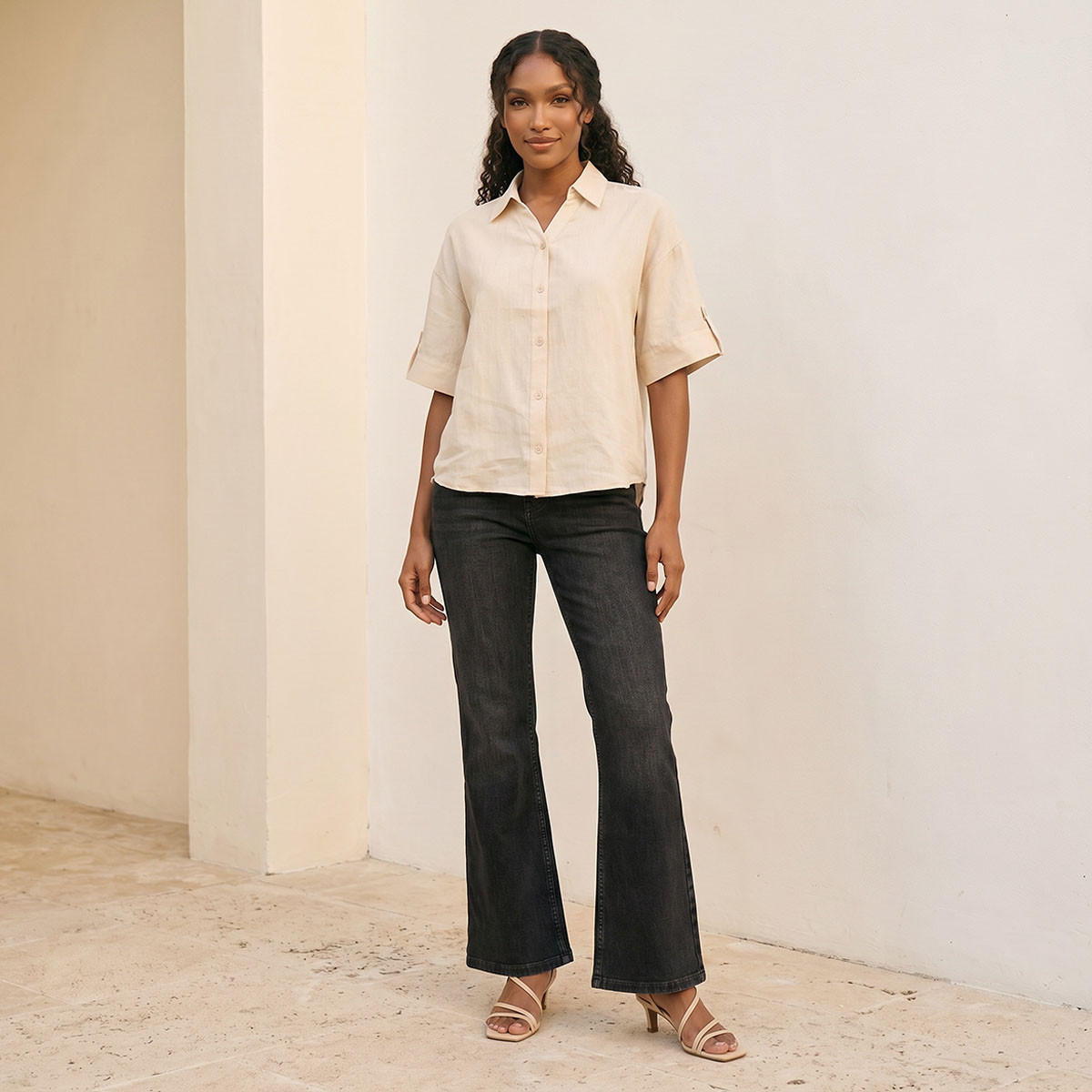 Splash Basic Collared Linen Shirt with Tab Sleeves-women-clothing-shirtsandblouses-shirts-image-3