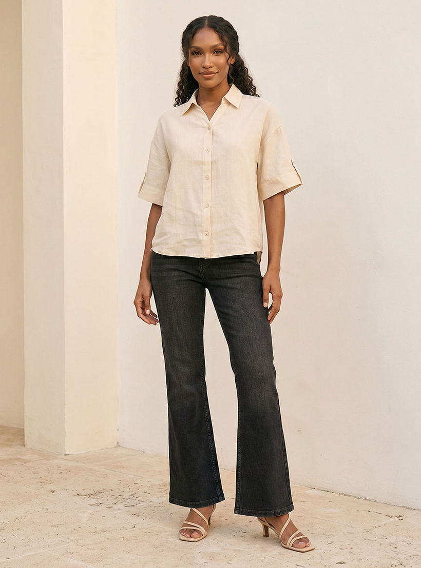 Splash Basic Collared Linen Shirt with Tab Sleeves-women-clothing-shirtsandblouses-shirts-image-3