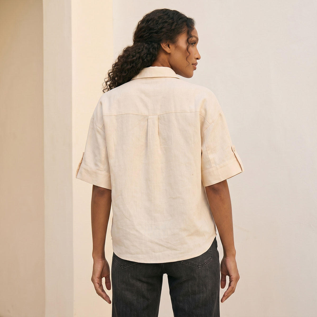 Splash Basic Collared Linen Shirt with Tab Sleeves-women-clothing-shirtsandblouses-shirts-image-4