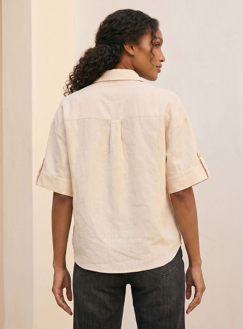 Splash Basic Collared Linen Shirt with Tab Sleeves-women-clothing-shirtsandblouses-shirts-image-4