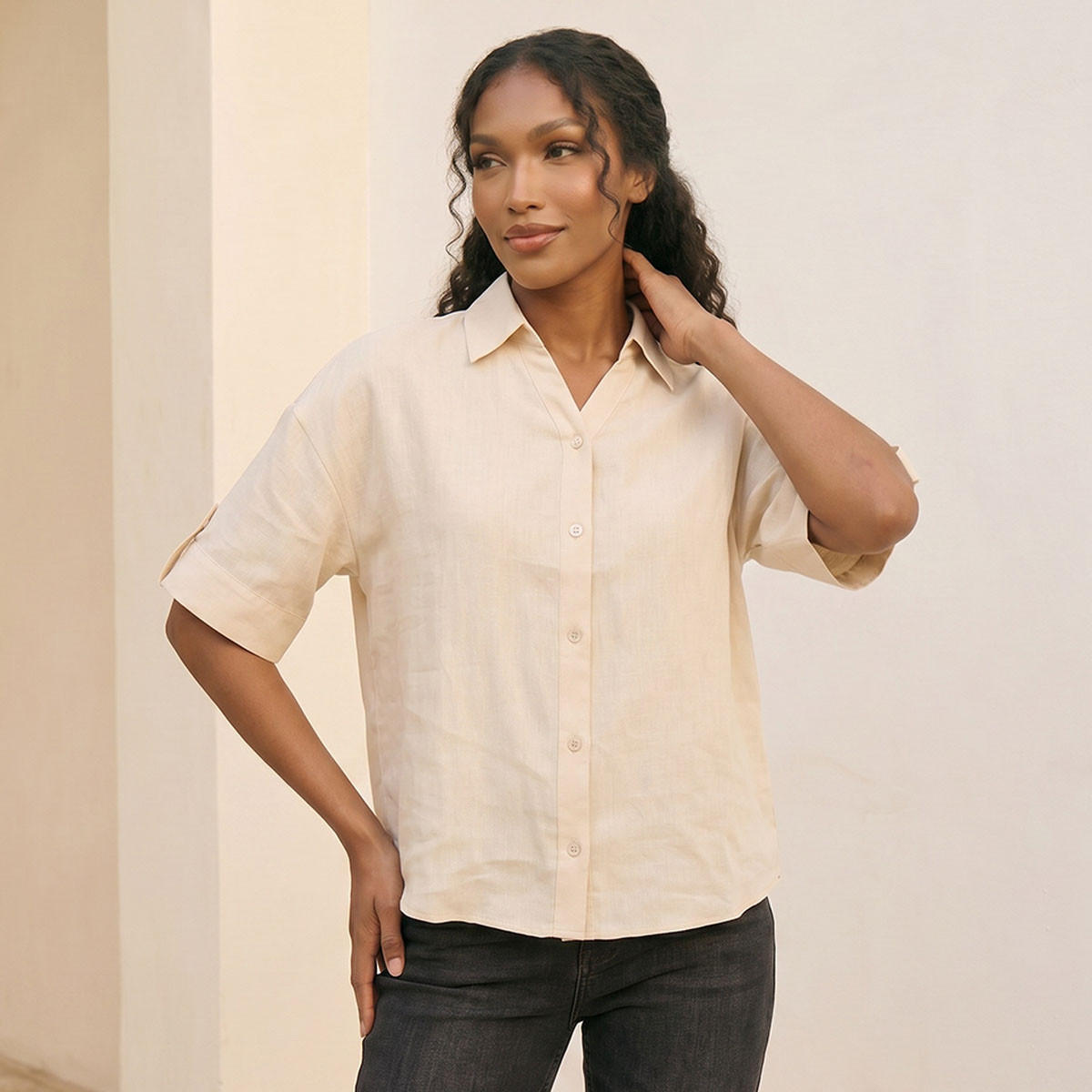 Splash Basic Collared Linen Shirt with Tab Sleeves-women-clothing-shirtsandblouses-shirts-image-5