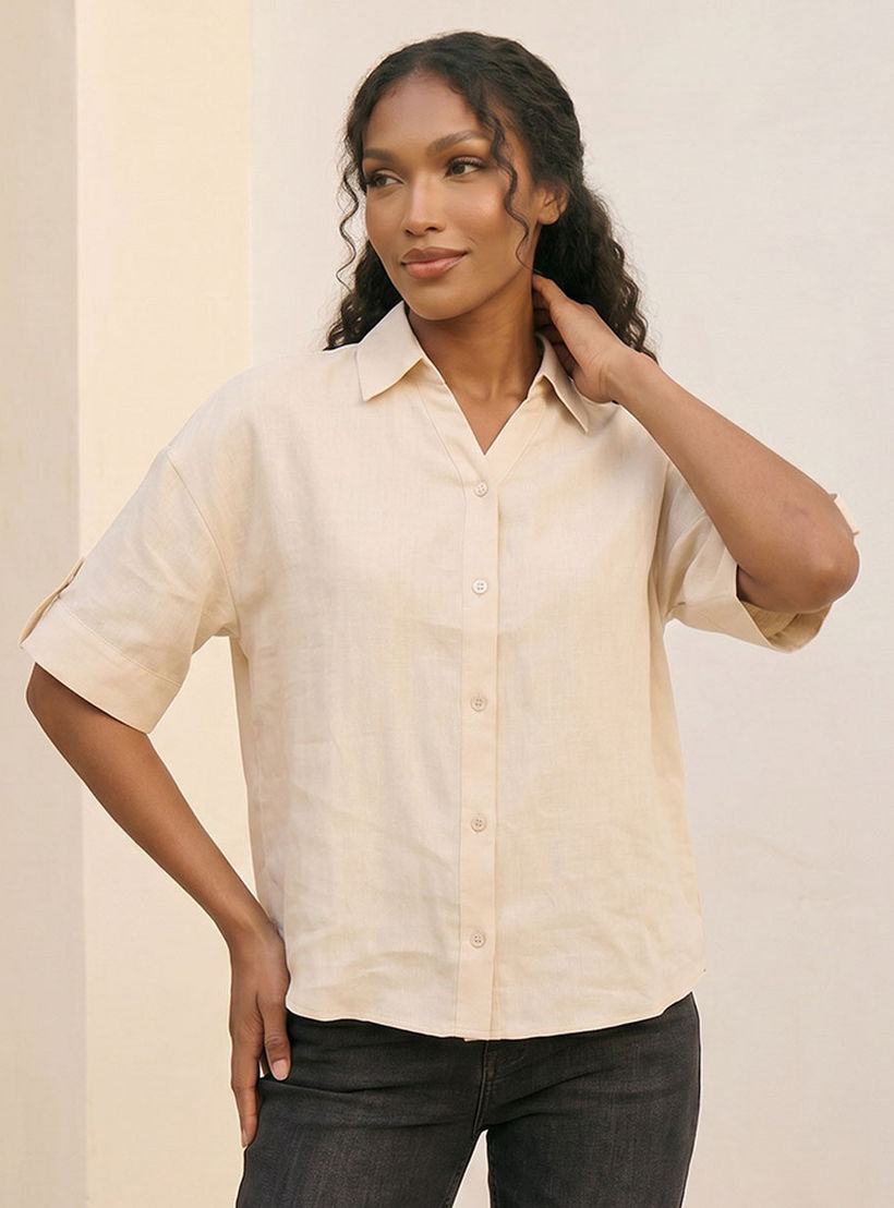 Splash Basic Collared Linen Shirt with Tab Sleeves-women-clothing-shirtsandblouses-shirts-image-5
