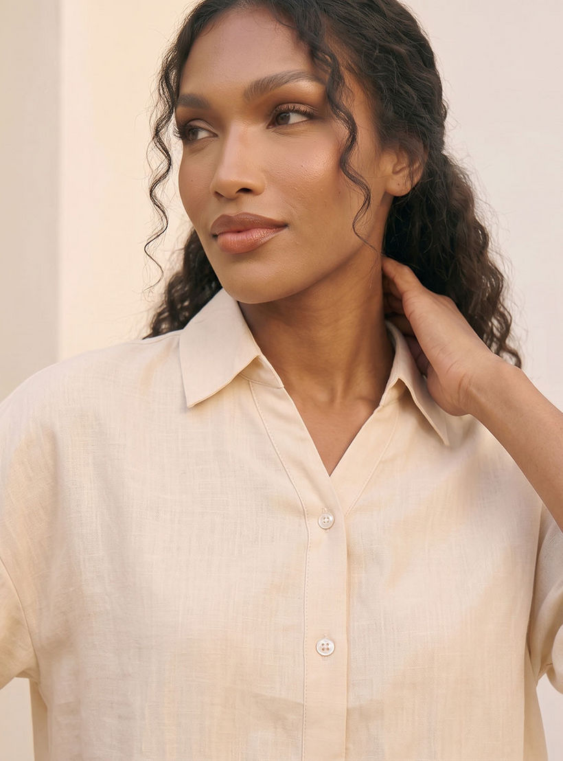 Splash Basic Collared Linen Shirt with Tab Sleeves-women-clothing-shirtsandblouses-shirts-image-6
