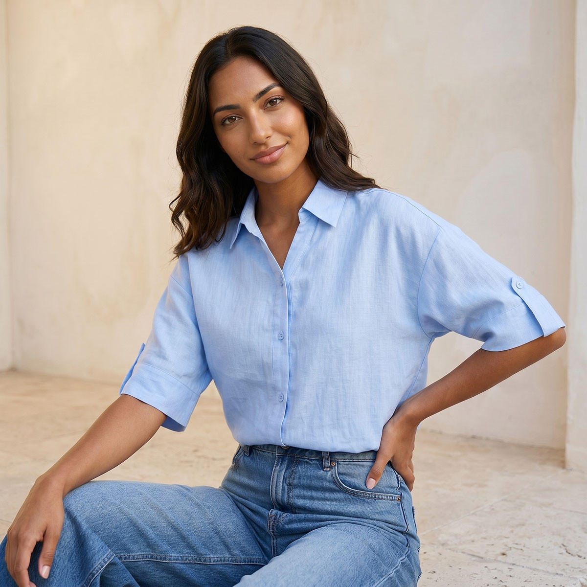 Splash Basic Collared Linen Shirt with Tab Sleeves-women-clothing-shirtsandblouses-shirts-image-1