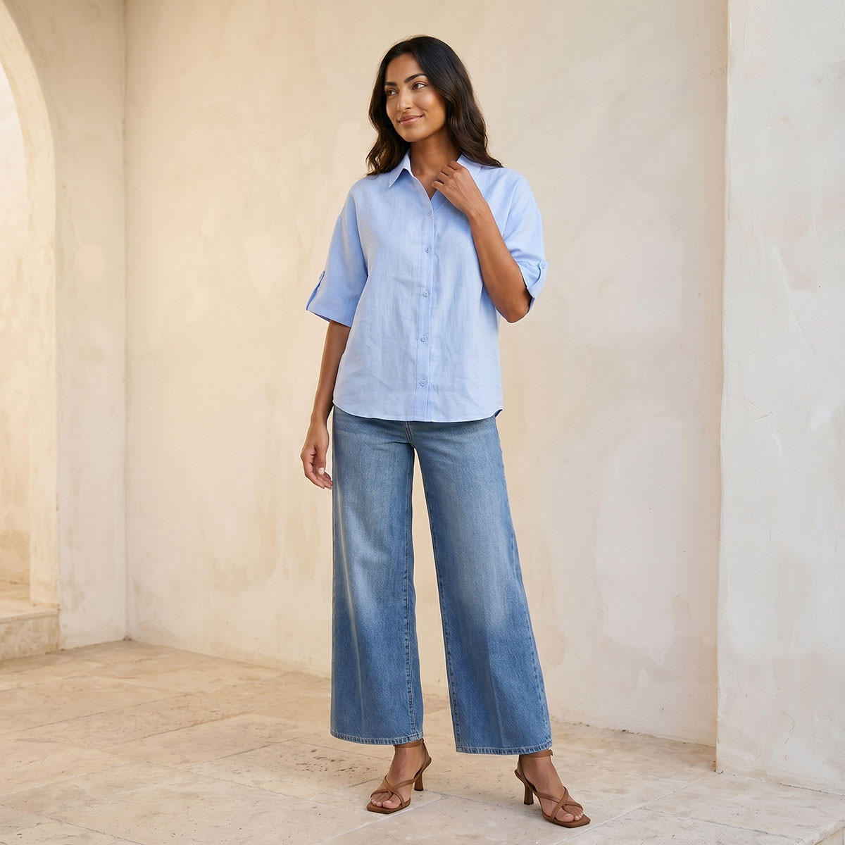 Splash Basic Collared Linen Shirt with Tab Sleeves-women-clothing-shirtsandblouses-shirts-image-3