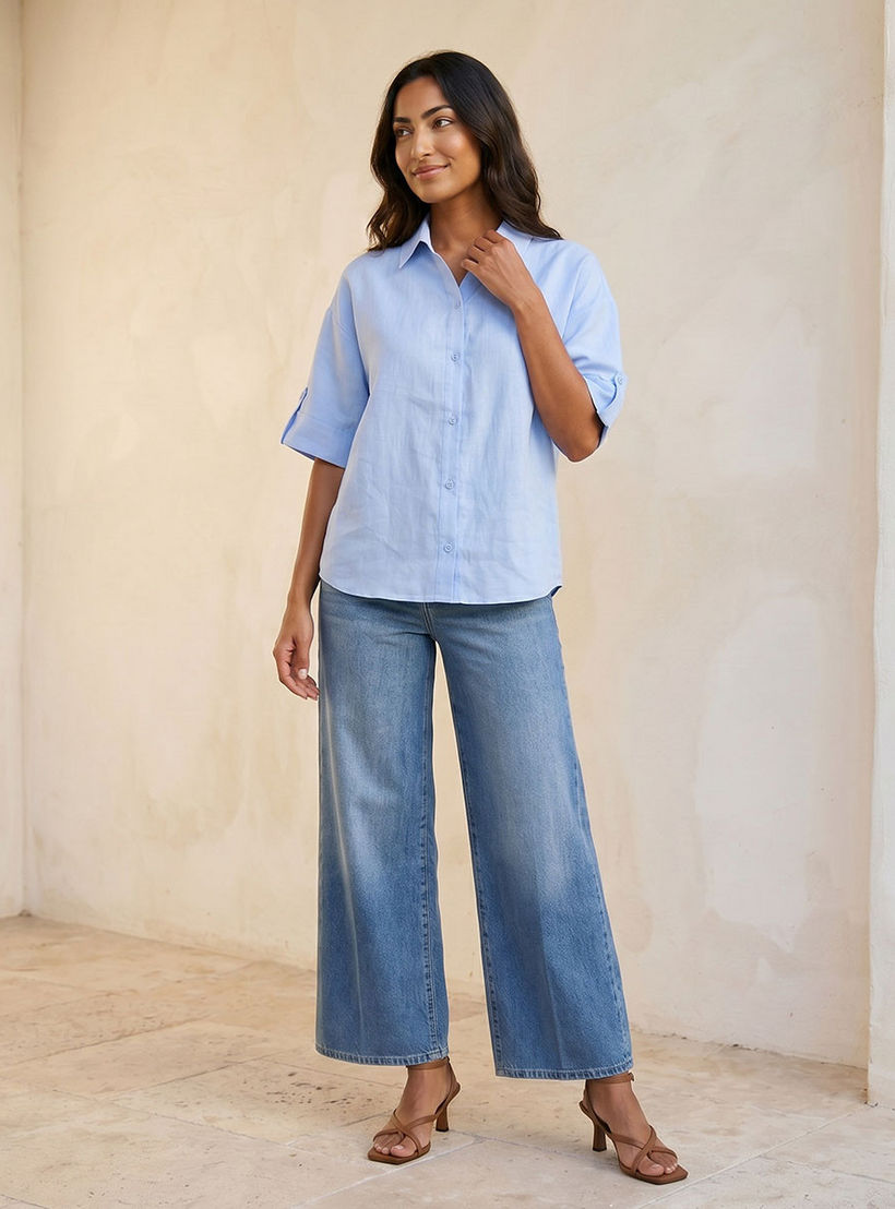 Splash Basic Collared Linen Shirt with Tab Sleeves-women-clothing-shirtsandblouses-shirts-image-3