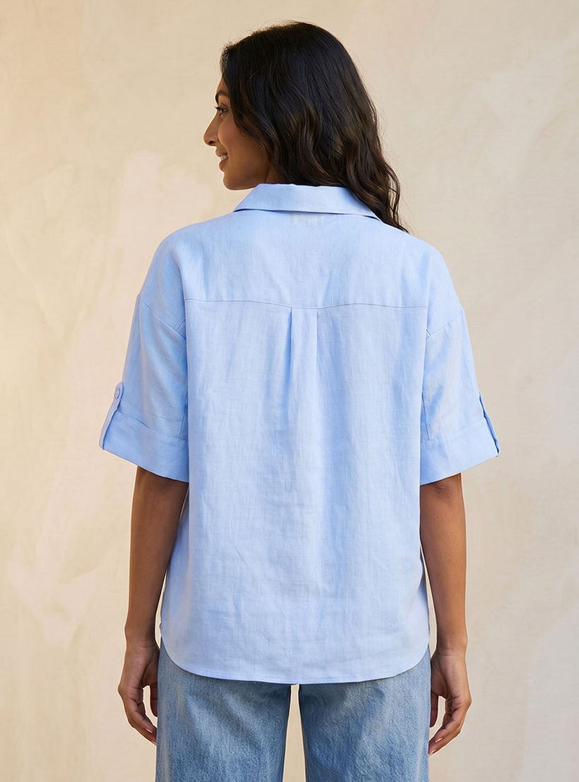 Splash Basic Collared Linen Shirt with Tab Sleeves-women-clothing-shirtsandblouses-shirts-image-4