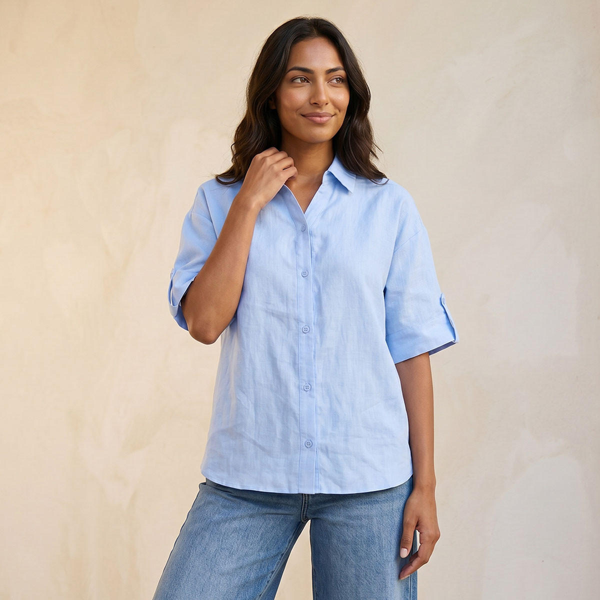 Splash Basic Collared Linen Shirt with Tab Sleeves-women-clothing-shirtsandblouses-shirts-image-5