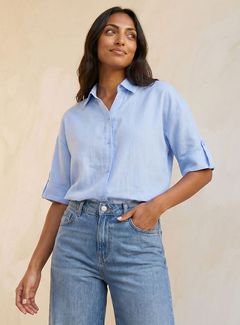 Splash Basic Collared Linen Shirt with Tab Sleeves-women-clothing-shirtsandblouses-shirts-image-6