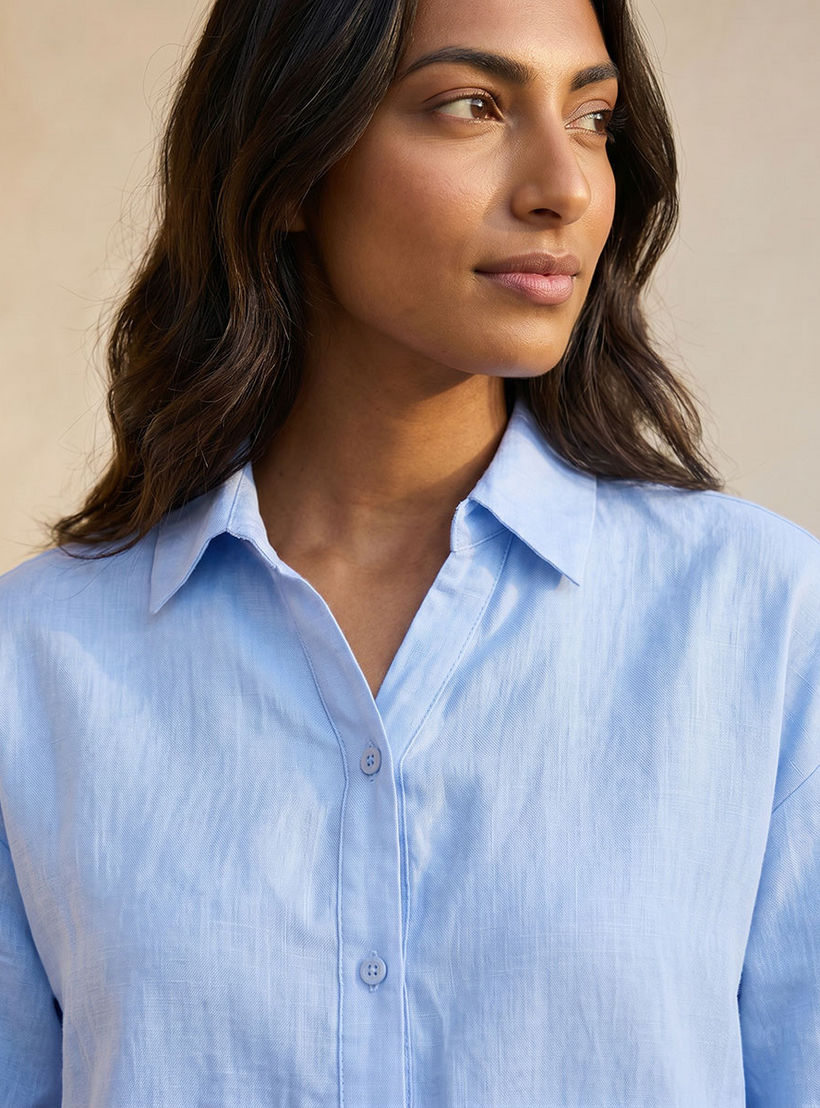 Splash Basic Collared Linen Shirt with Tab Sleeves-women-clothing-shirtsandblouses-shirts-image-7