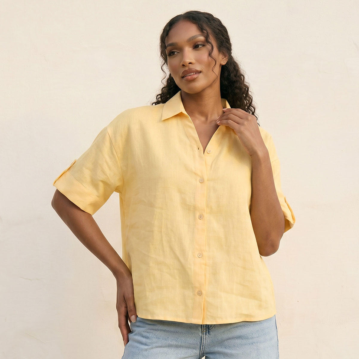 Splash Basic Collared Linen Shirt with Tab Sleeves-women-clothing-shirtsandblouses-shirts-image-1