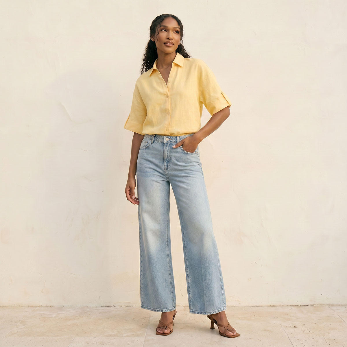 Splash Basic Collared Linen Shirt with Tab Sleeves-women-clothing-shirtsandblouses-shirts-image-3