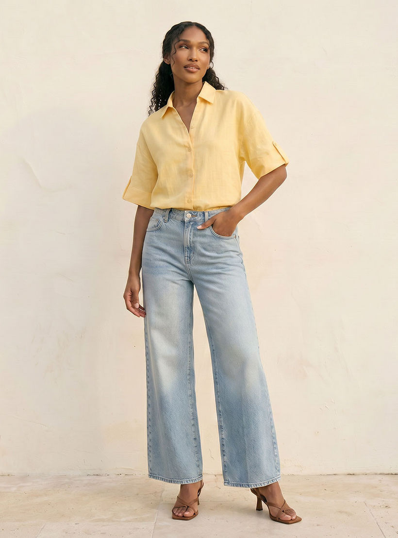 Splash Basic Collared Linen Shirt with Tab Sleeves-women-clothing-shirtsandblouses-shirts-image-3