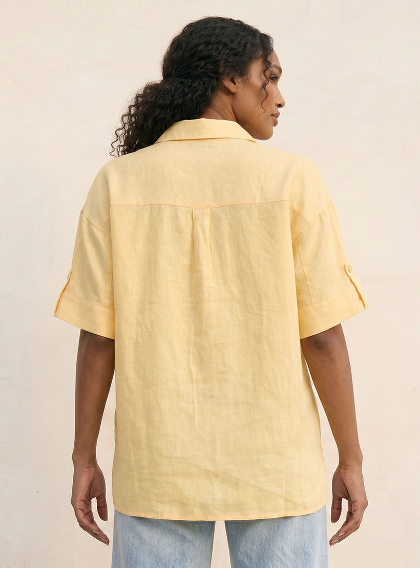 Splash Basic Collared Linen Shirt with Tab Sleeves-women-clothing-shirtsandblouses-shirts-image-4