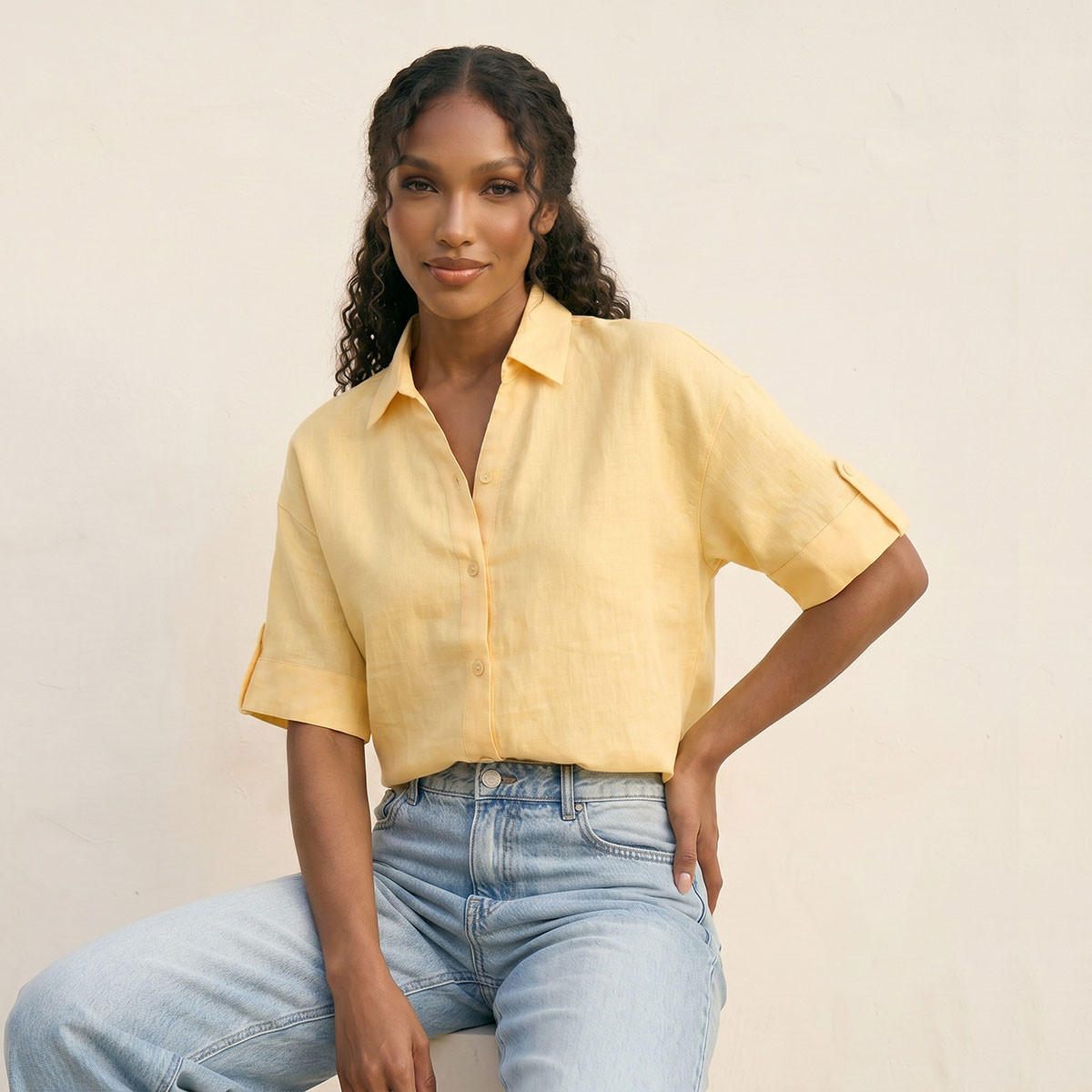 Splash Basic Collared Linen Shirt with Tab Sleeves-women-clothing-shirtsandblouses-shirts-image-5