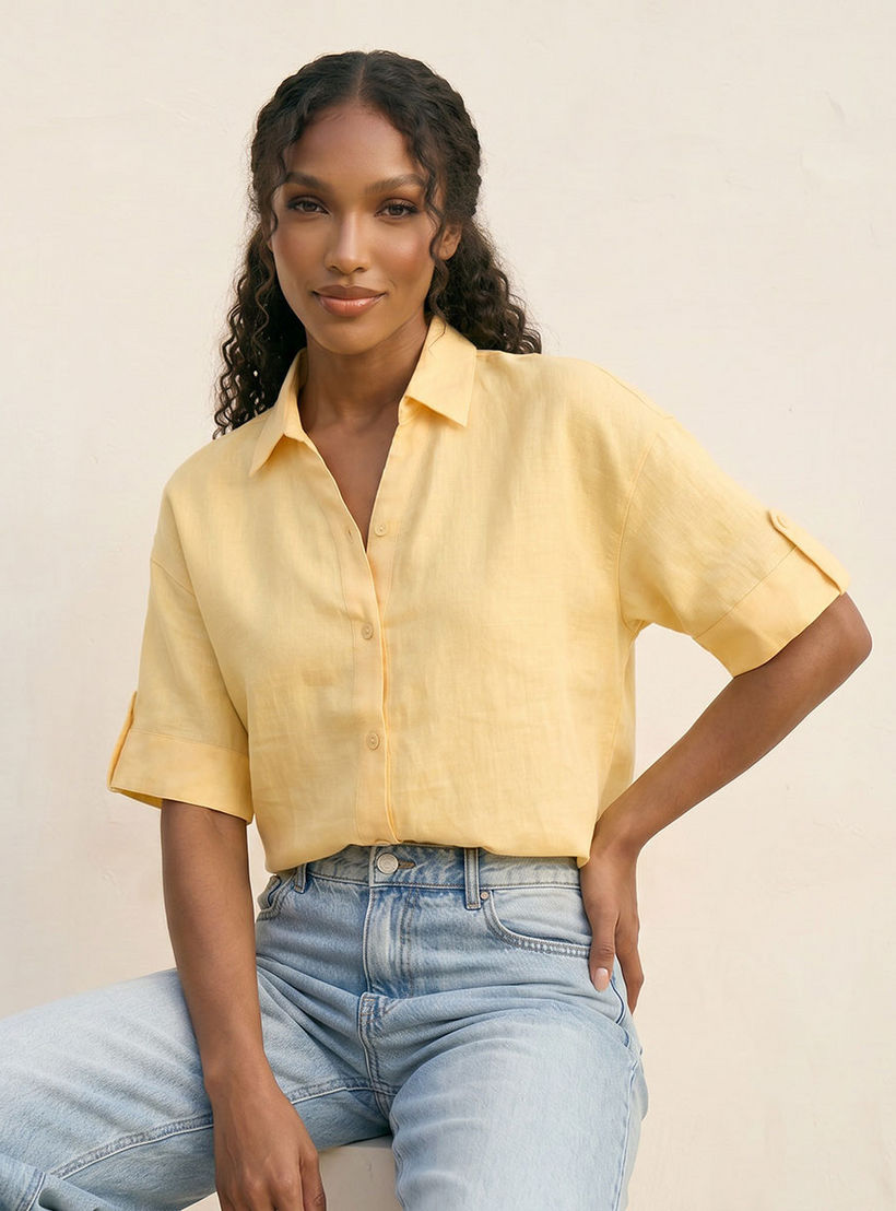 Splash Basic Collared Linen Shirt with Tab Sleeves-women-clothing-shirtsandblouses-shirts-image-5