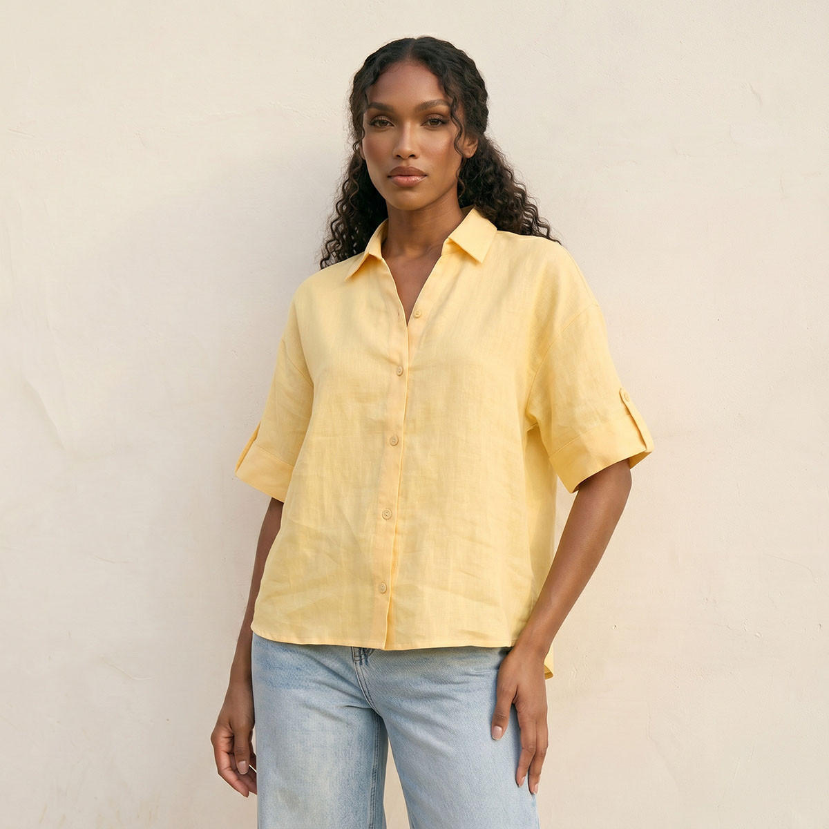 Splash Basic Collared Linen Shirt with Tab Sleeves-women-clothing-shirtsandblouses-shirts-image-6