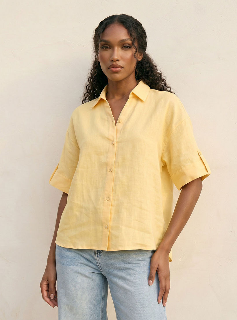 Splash Basic Collared Linen Shirt with Tab Sleeves-women-clothing-shirtsandblouses-shirts-image-6