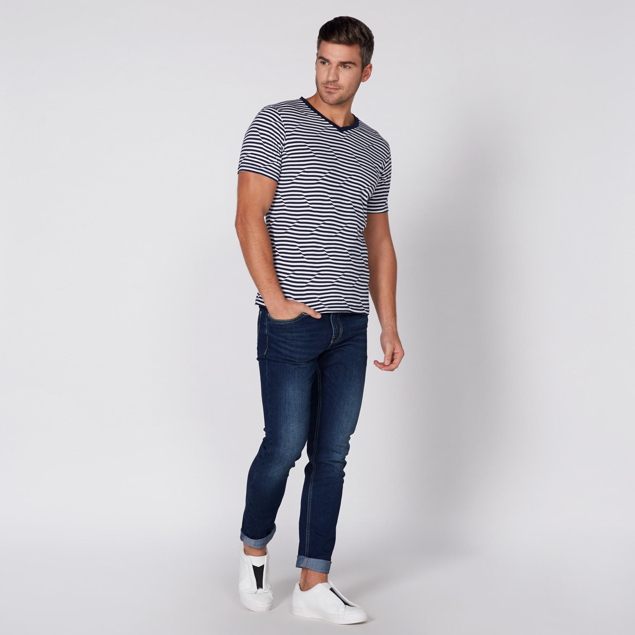 Striped T-Shirt with V-Neck and Short Sleeves-men-clothing-tshirtsandpolos-tshirts-image-1
