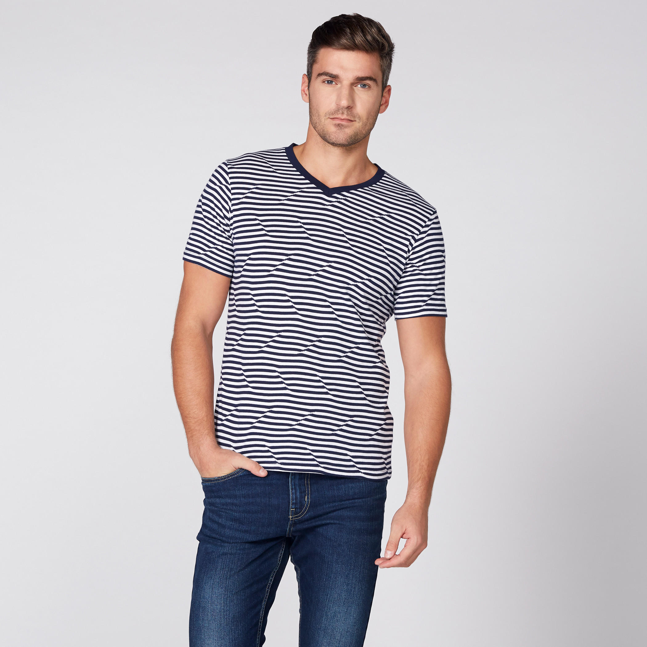 Striped T-Shirt with V-Neck and Short Sleeves-men-clothing-tshirtsandpolos-tshirts-image-2
