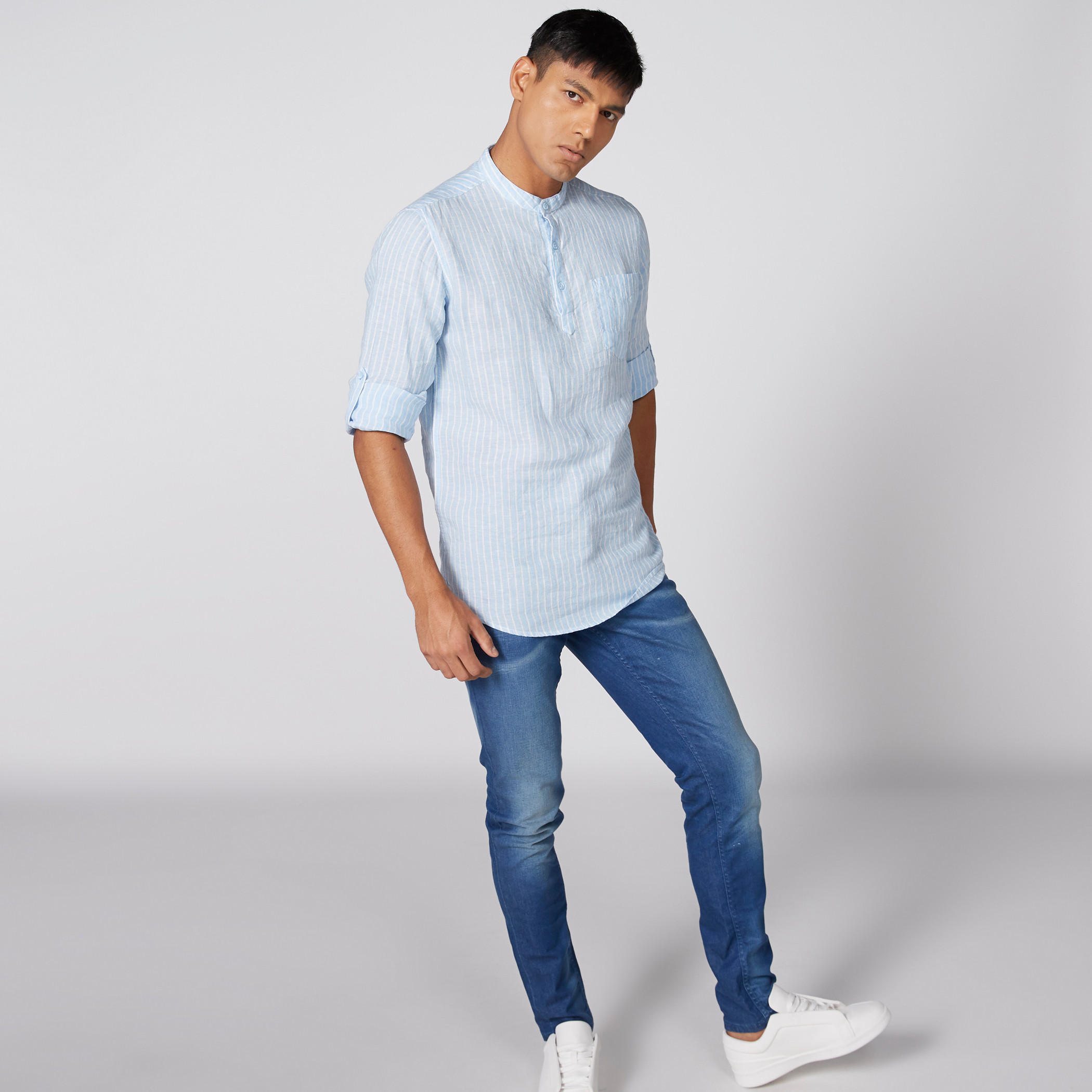 قميص طويل مقلم بياقة ماندارين-men-clothing-shirts-image-1