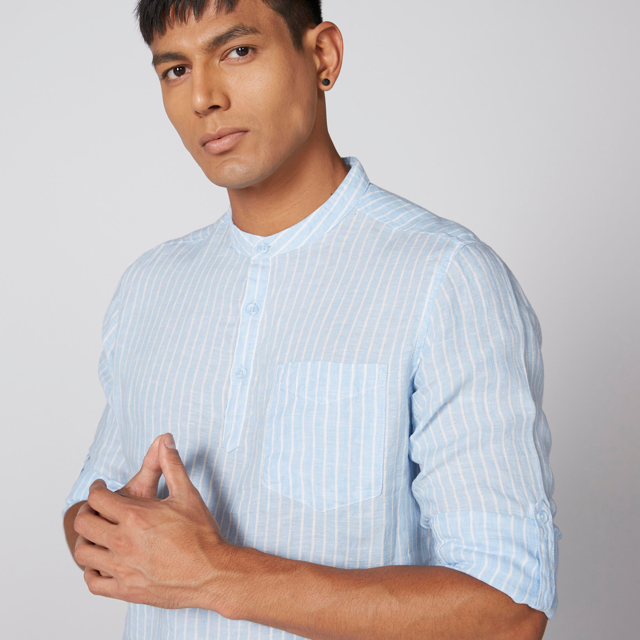 قميص طويل مقلم بياقة ماندارين-men-clothing-shirts-image-3