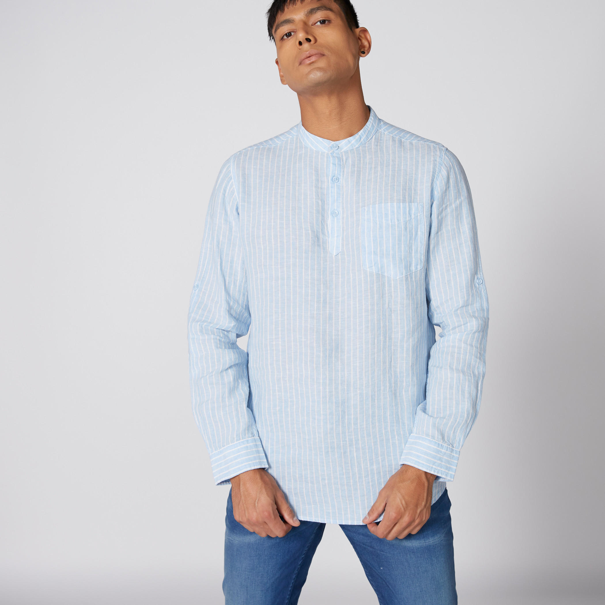 قميص طويل مقلم بياقة ماندارين-men-clothing-shirts-image-4