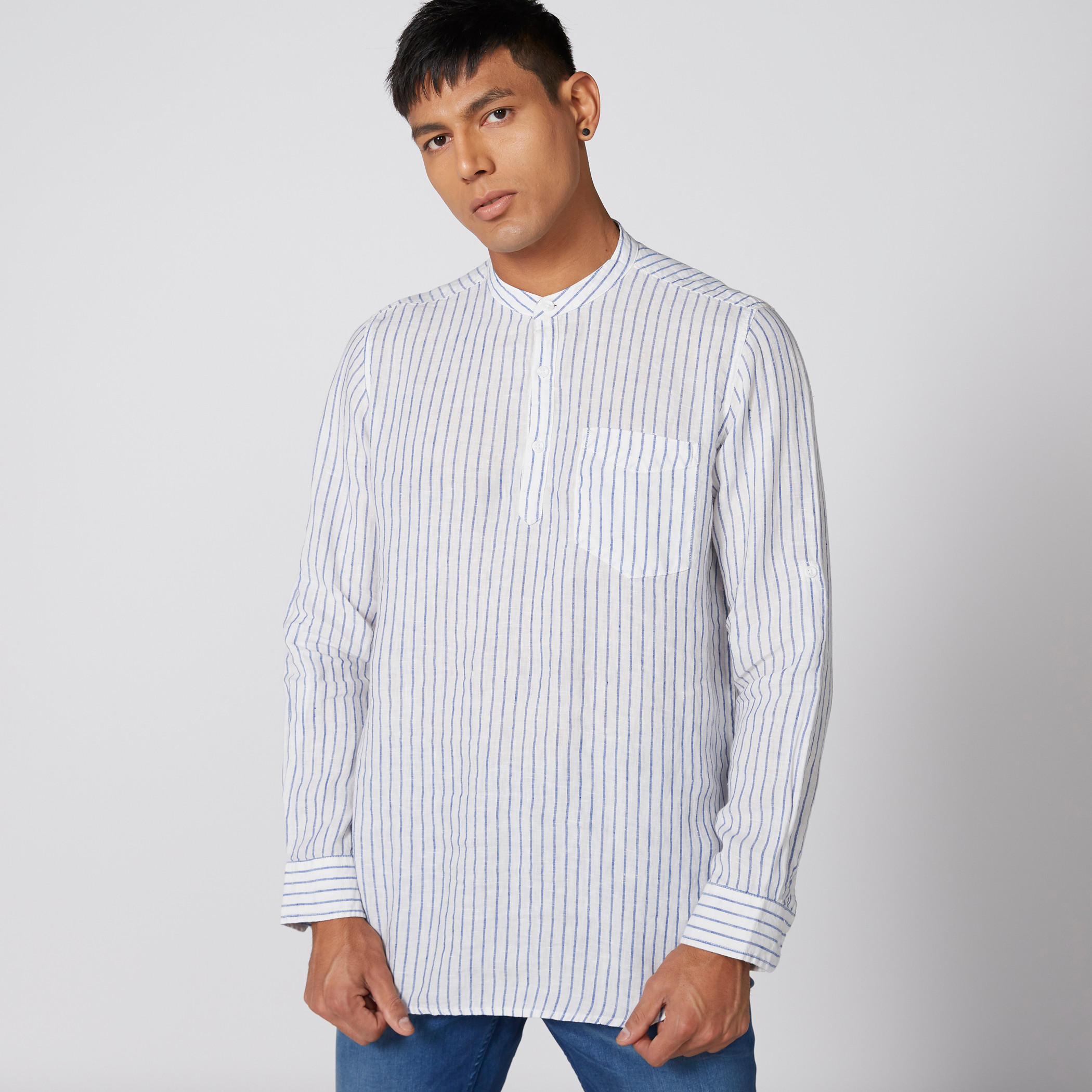 قميص مقلّم بأكمام طويلة وياقة ماندارين-men-clothing-shirts-image-1