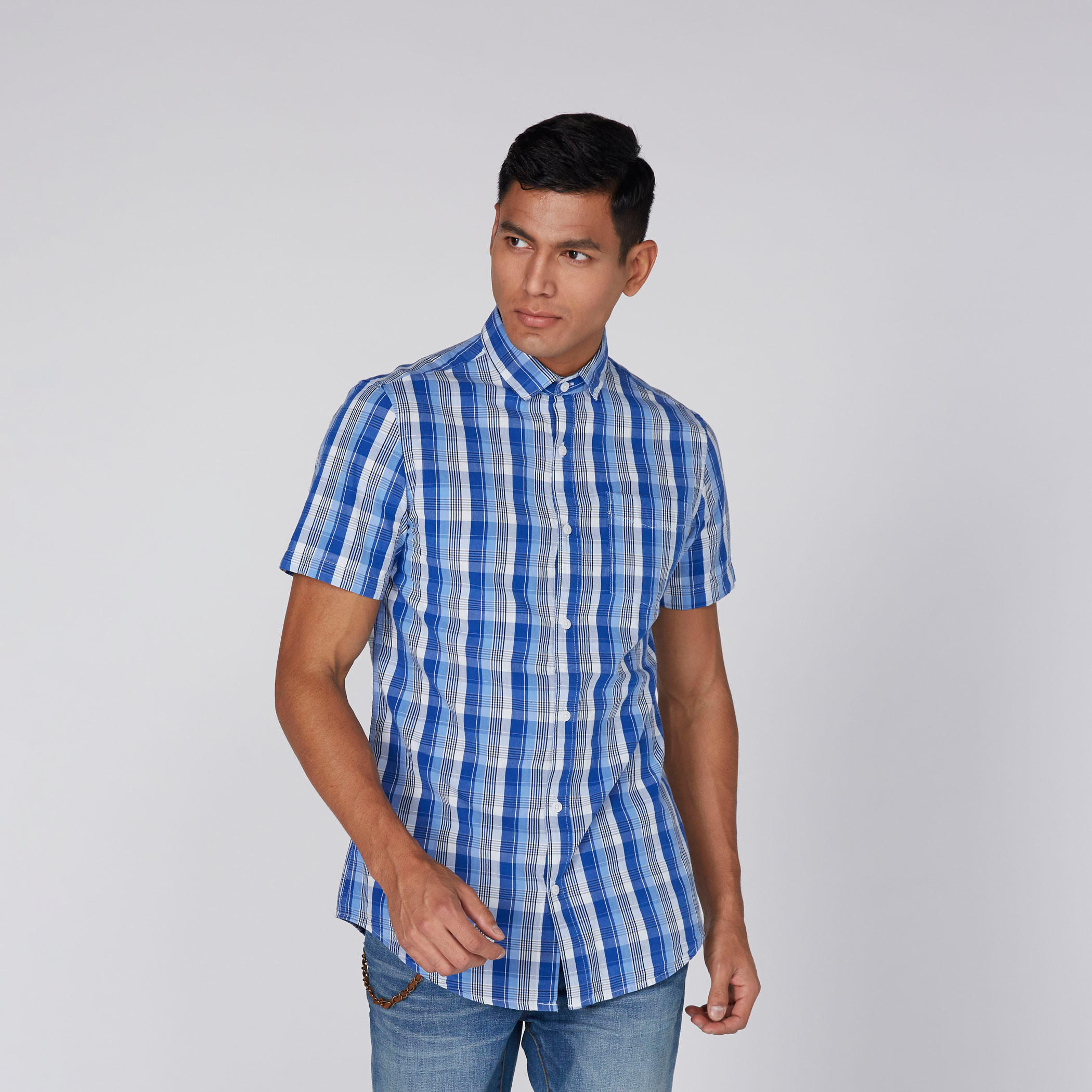 Chequered Shirt with Short Sleeves and Complete Placket-men-clothing-shirts-image-2