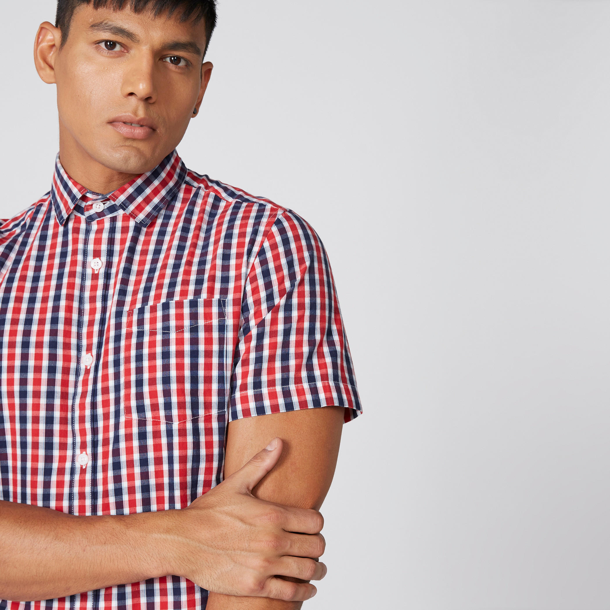 Chequered Shirt with Short Sleeves and Complete Placket-men-clothing-shirts-image-3