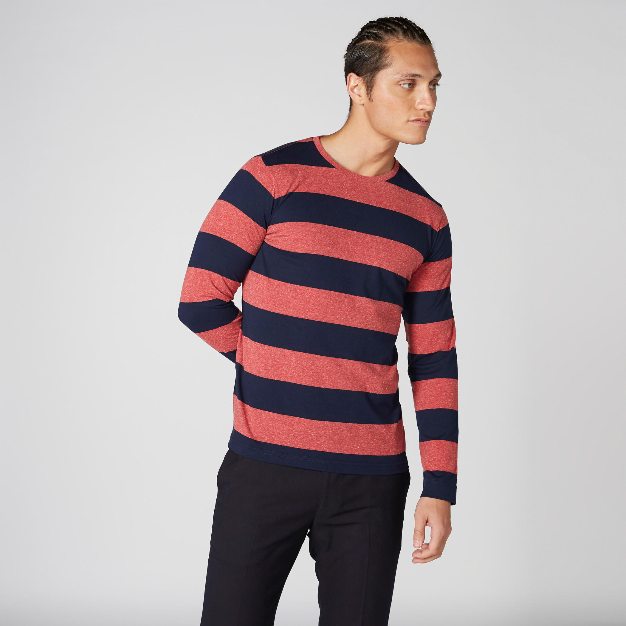 تيشيرت مقلّم بياقة ضيقة وأكمام طويلة-men-clothing-tshirtsandpolos-tshirts-image-1
