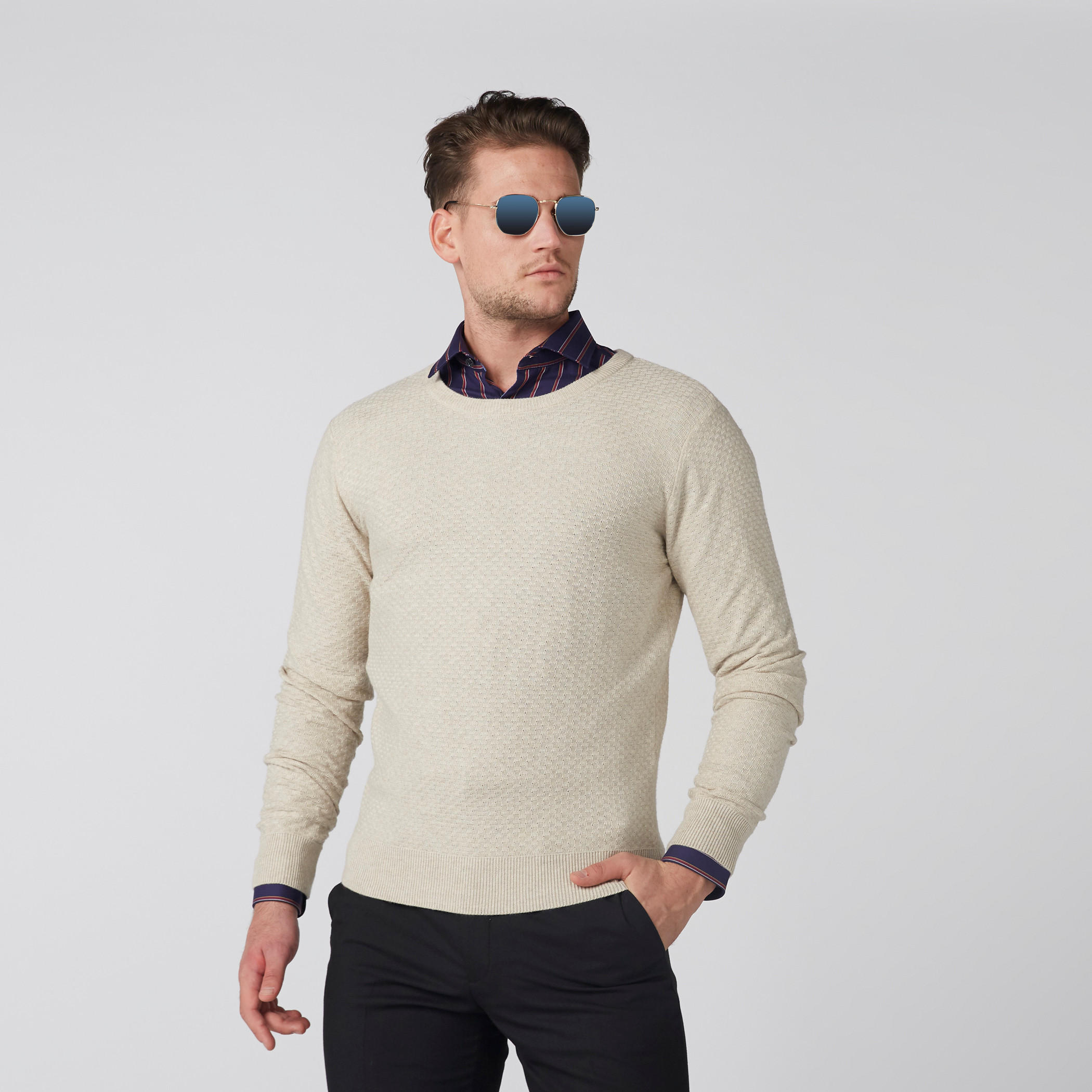 Textured Sweater with Round Neck and Long Sleeves-men-clothing-sweatersandpullovers-image-1