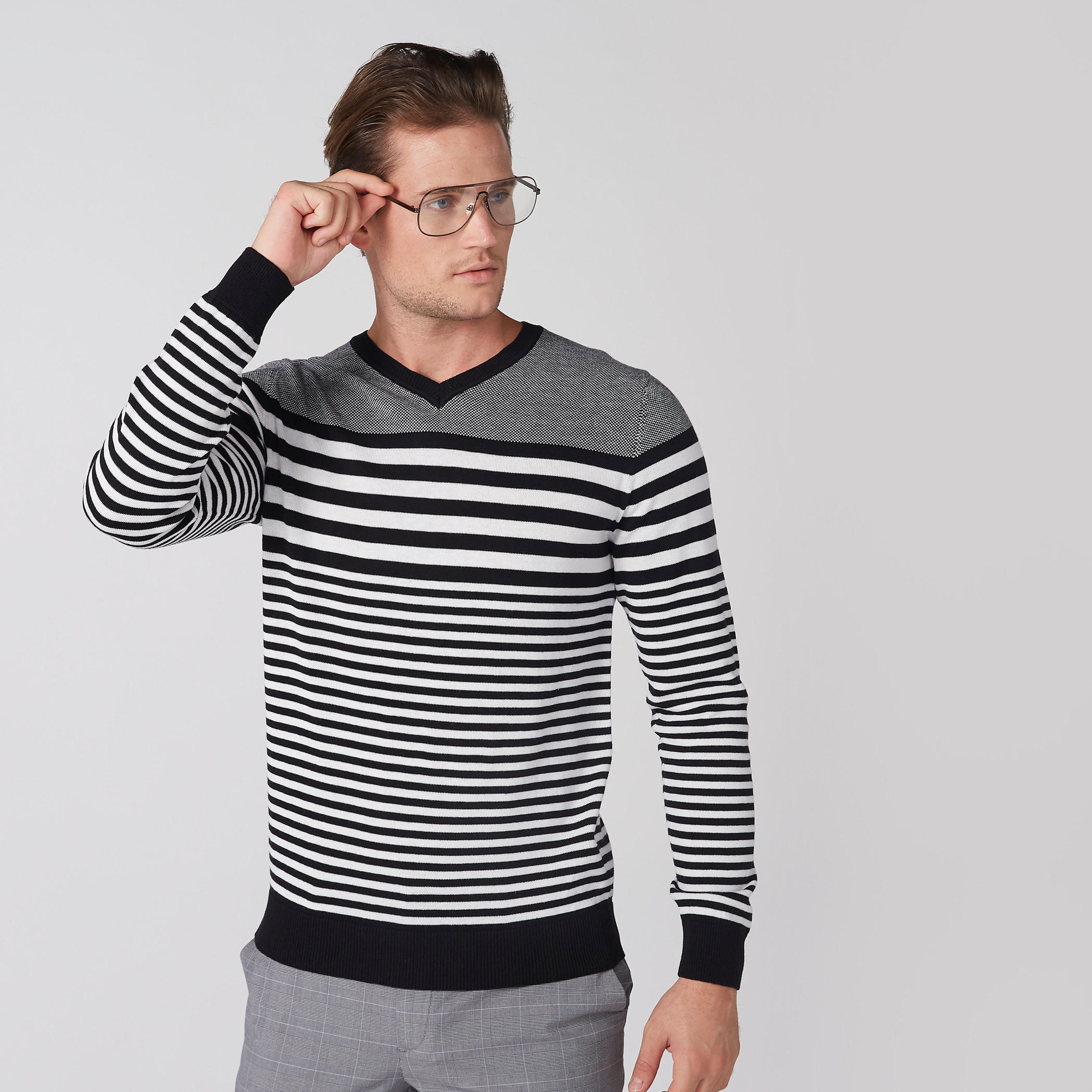 Striped Sweater with V-Neck and Long Sleeves-men-clothing-sweatersandpullovers-image-1