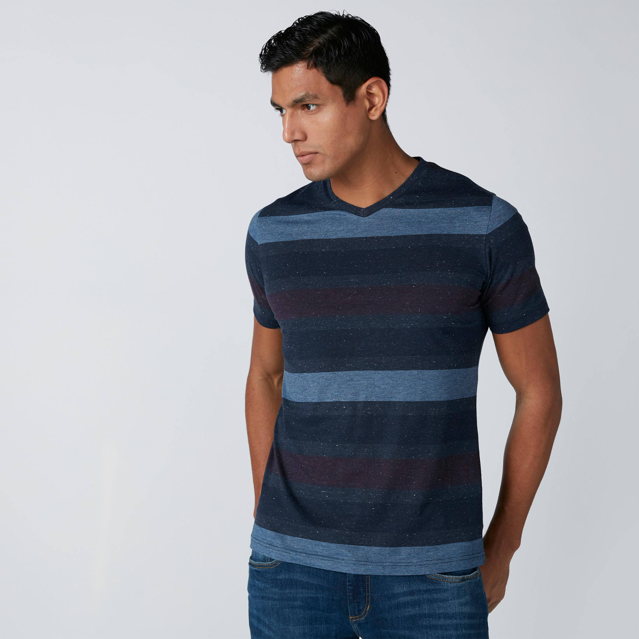 Striped T-Shirt with V-Neck and Short Sleeves-men-clothing-tshirtsandpolos-tshirts-image-1