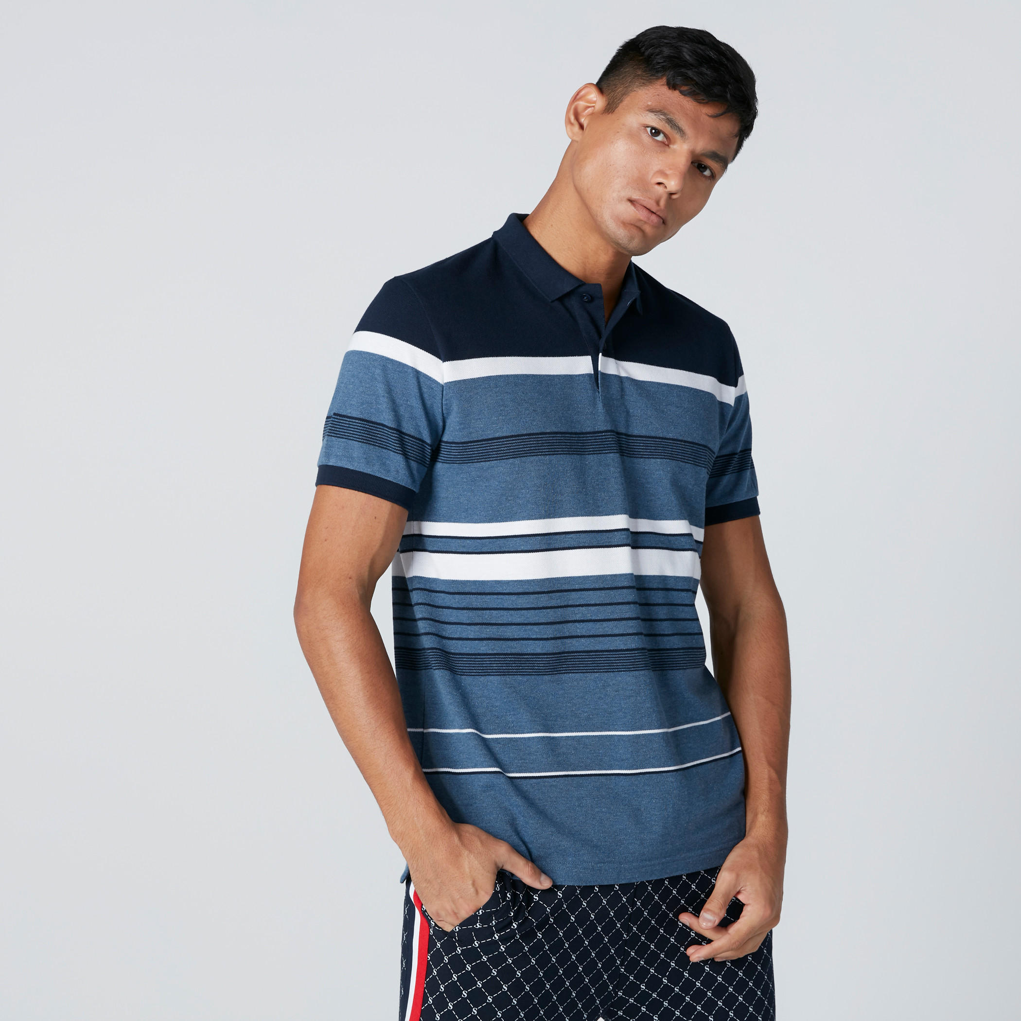 Striped Polo Neck T-Shirt with Short Sleeves-men-clothing-tshirtsandpolos-polos-image-1