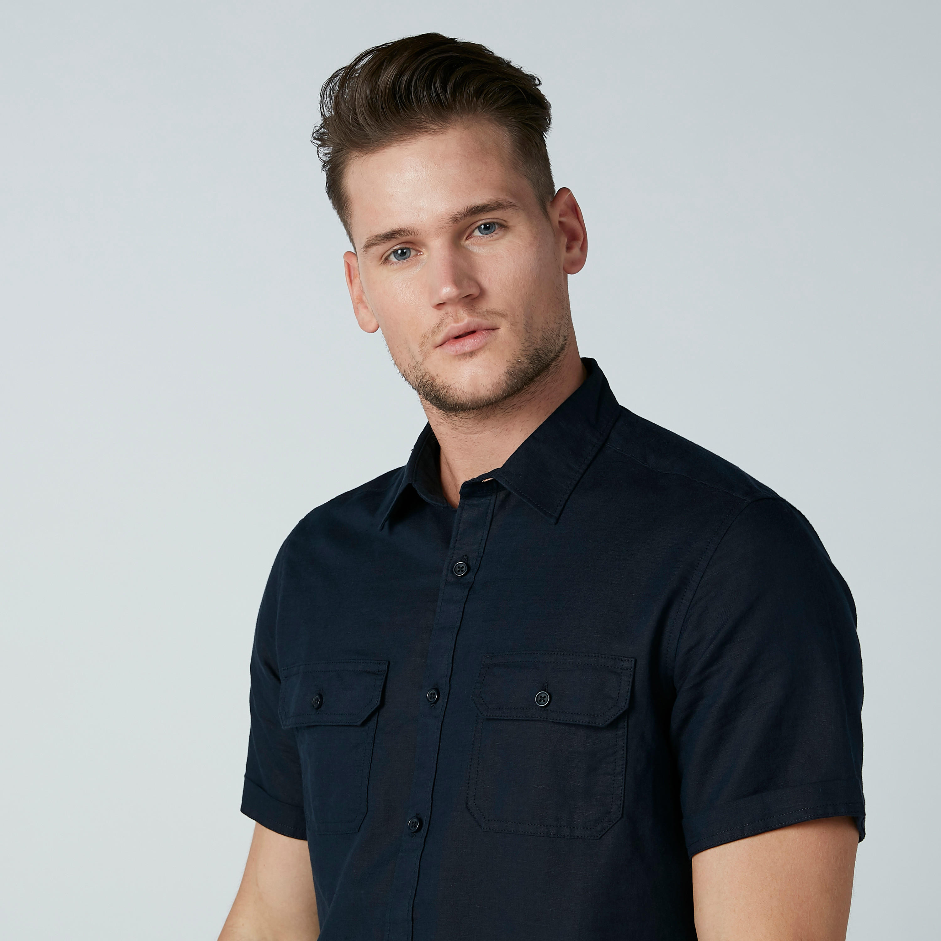 Solid Shirt with Spread Collar and Flap Pocket-men-clothing-shirts-image-1